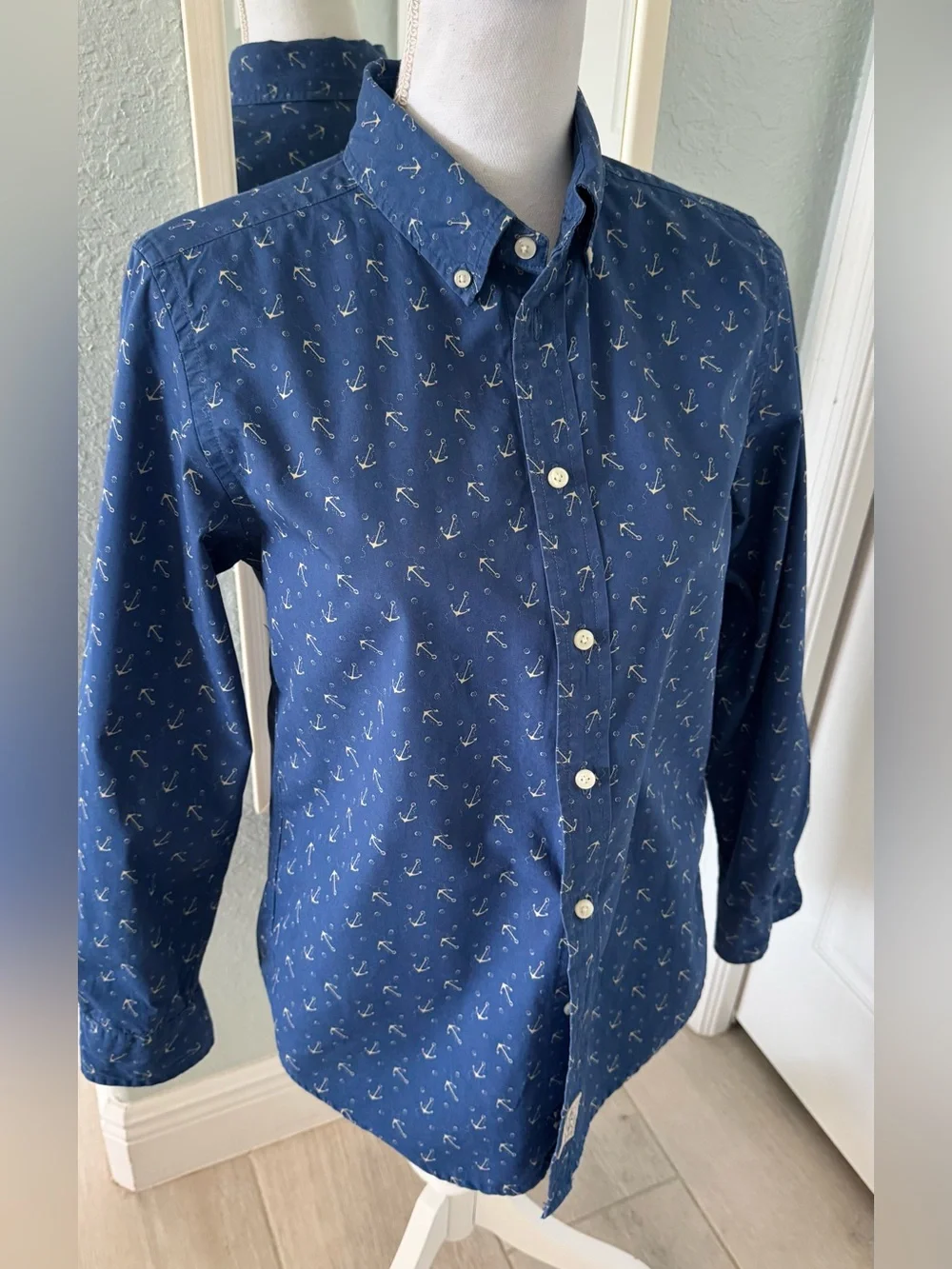 Ralph Lauren Blue Anchor Print Button Down Shirt Boys L 14-16 Women XS S